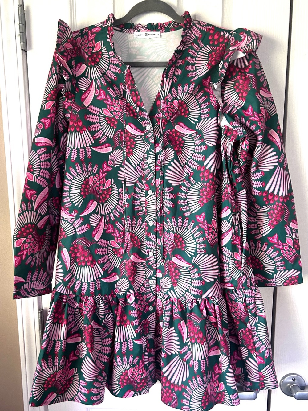 Michelle McDowell Green Pink Floral Ruffle Button Dress L XL